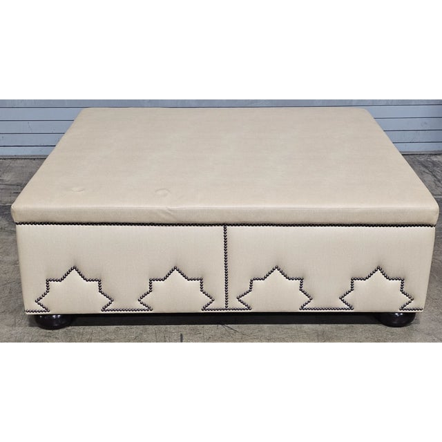 Late 20th Century Large Designer Beige Leather Upholstered Ottoman Pattern Tack Trim Bun Feet For Sale - Image 4 of 6