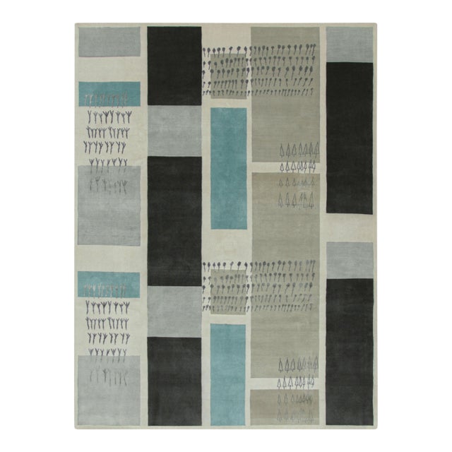 Rug & Kilim’s Mid-Century Modern-Inspired Rug in Gray and Blue Geometric Pattern For Sale