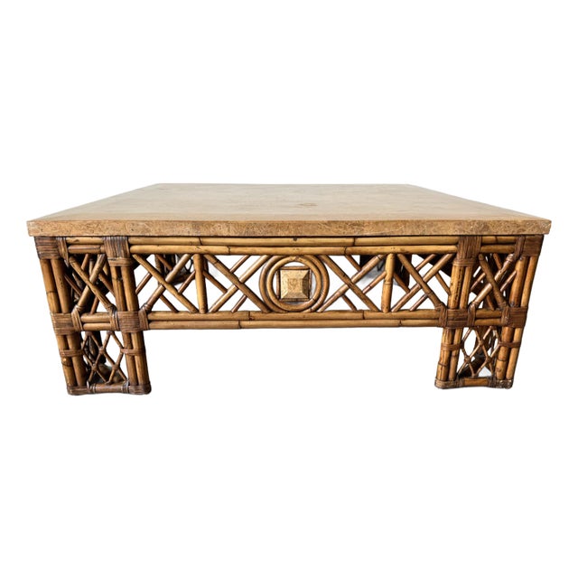 Vintage Monumental Chinoiserie Fretwork Bamboo & Leather Coffee Table With Tessella Top/Sold For Sale