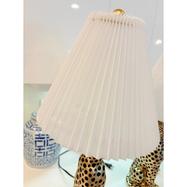 Jonathan Adler Contemporary Gold Cheetah Animal Print Tiger Table Lamps With Pleated Shades - A Pair For Sale - Image 4 of 12