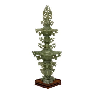 Mid-20th Century Chinese Huge 3 Tiers Carved Jade Dragon Tower For Sale