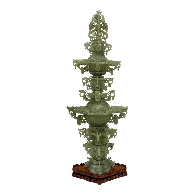 Mid-20th Century Chinese Huge 3 Tiers Carved Jade Dragon Tower For Sale