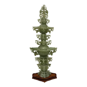 Mid-20th Century Chinese Huge 3 Tiers Carved Jade Dragon Tower