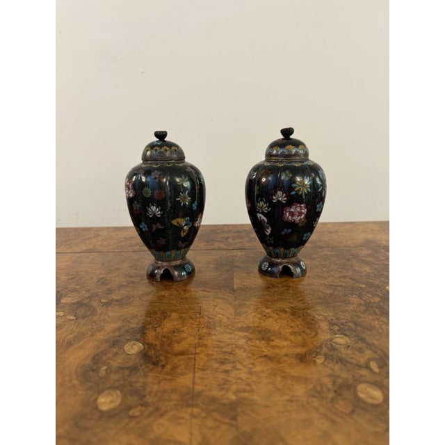1900 - 1909 Antique Cloisonne Lidded Vases, 1900, Set of 2 For Sale - Image 5 of 6