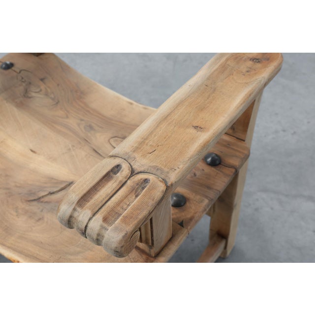 Brutalist Armchair with Carved Rosettes and Nailed Wooden Seat, Spain, 1950s For Sale - Image 12 of 16
