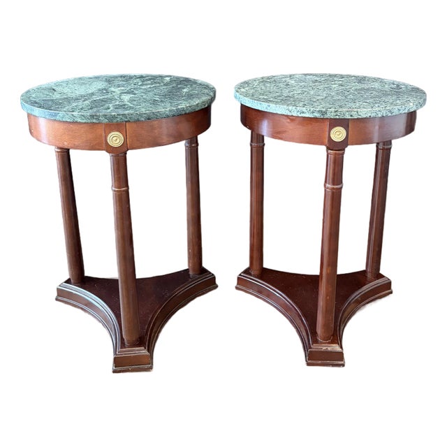 French Style Neoclassical Marble Top Round Side Tables -a Pair For Sale