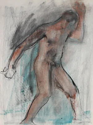 Seymour Tubis Expressionist Figure in Ink and Pastel in Brown and Turquoise, 20th Century