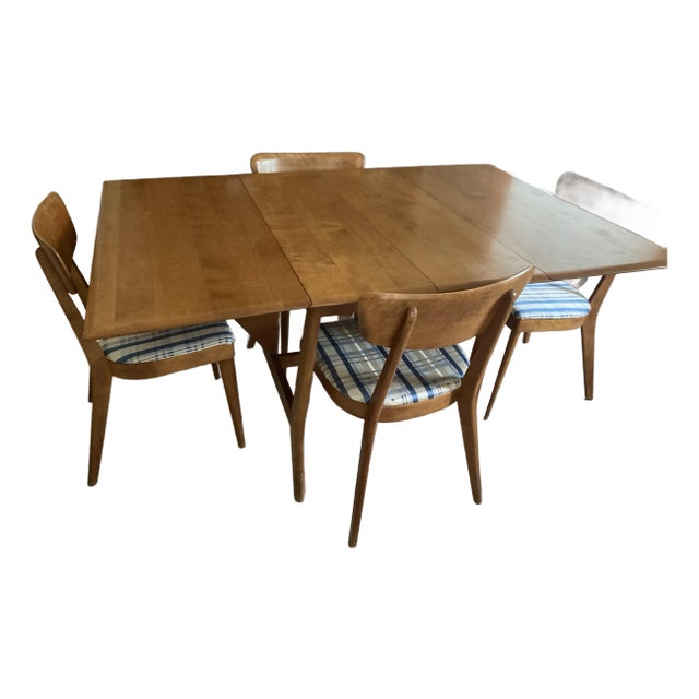 1950’s Mid-Century Modern Haywood-Wakefield Drop Leaf Dining Table With 4 Chairs and Two Table Leaves - Set of 5 Plus Leaves For Sale