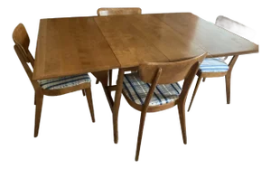 1950’s Mid-Century Modern Heywood-Wakefield Drop Leaf Dining Table With 4 Chairs and Two Table Leaves - Set of 5 Plus 2 Leaves