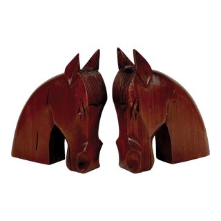 Mid-Century Art Deco Teak Carved Horse Library Bookends - a Pair For Sale