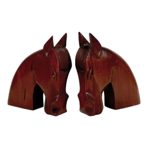 Mid-Century Art Deco Teak Carved Horse Library Bookends - a Pair