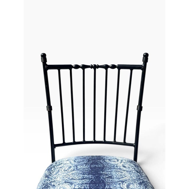 Faux Bamboo Wrought Iron Counter Stool | Spindle Back & Blue Damask Seat | Sold Individually, 5 Available For Sale - Image 10 of 12