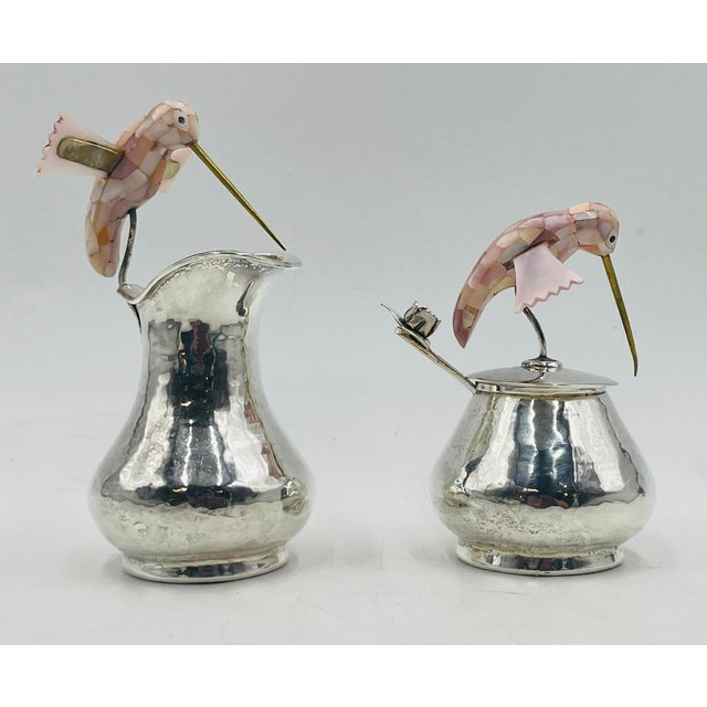 Mexican Los Castillo Silver Hummingbird Creamer, Sugar & Ladle, Taxco 1960s For Sale - Image 3 of 18