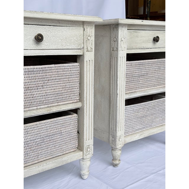 Late 20th Century Late 20th Century Pair of Distressed French Style Nightstands With Woven Basket Shelves For Sale - Image 5 of 10