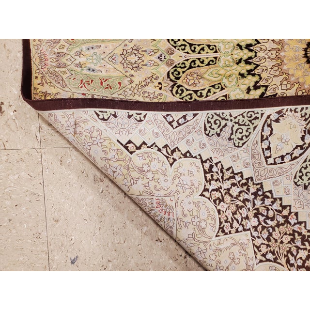 Late 20th Century Rare Finely Woven Persian Silk Qum, Handmade Oriental Rug, Ivory, Brown For Sale - Image 11 of 18