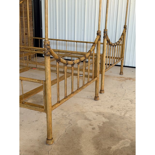Pair of Vintage Faux Bamboo Metal Twin Four-Poster Canopy Beds For Sale - Image 11 of 12