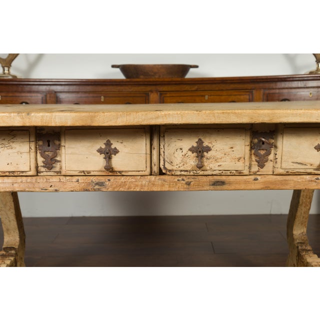 Cream Spanish Baroque Style Bleached Walnut Trestle Base Farm Table, circa 1820 For Sale - Image 8 of 12