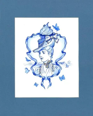 Original Whimsical Matted Drawing, Picnic in the Country 1 by Kathleen Ney, Blue and White, Victoriana