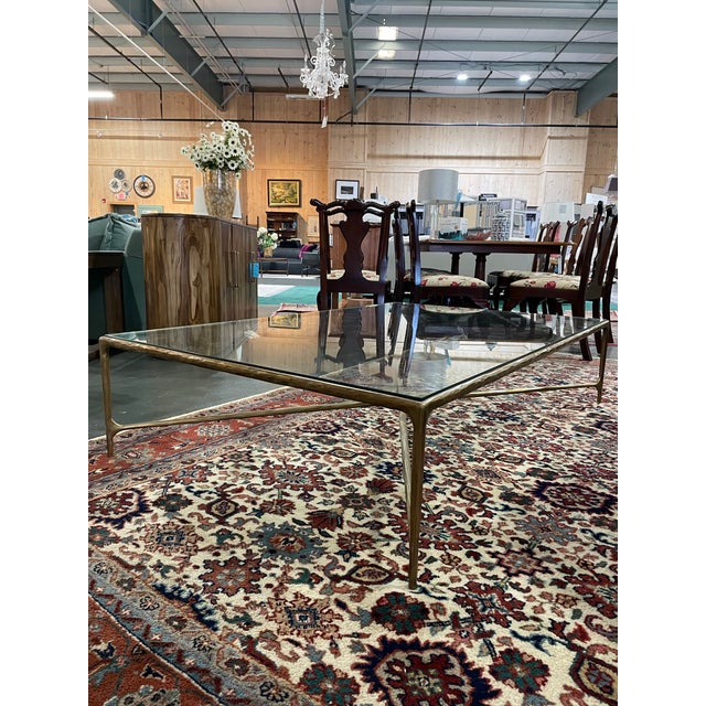 Contemporary Restoration Hardware Thaddeus Glass Coffee Table in Hand-Forged Brass For Sale - Image 3 of 6