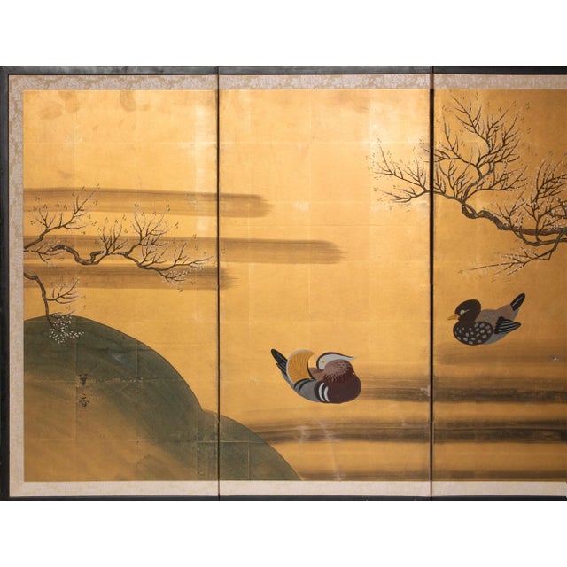 Lovely Japanese 4-panel folding painted byobu (folding screen), depicts a peaceful scene with Mandarin Ducks and...