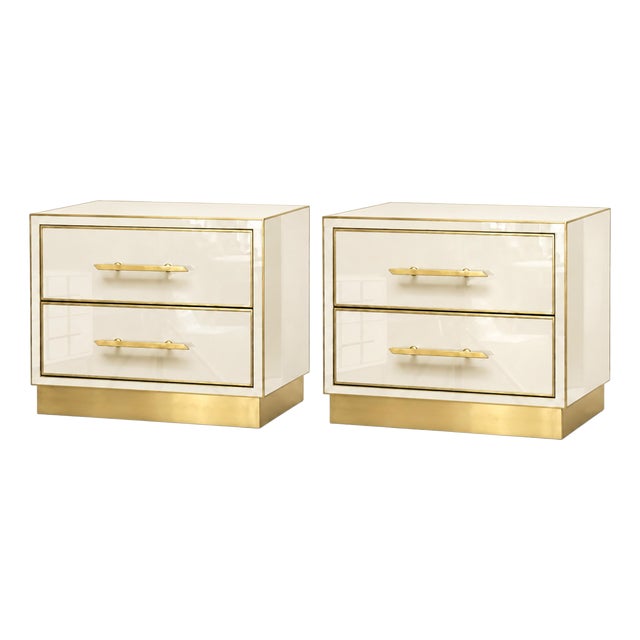 Italian Ivory Murano Glass Bedside Cabinets on Brass Plinth from Justfurnituress SRL, Set of 2 For Sale