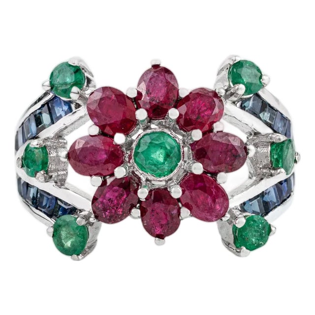 Modern Floral Design Ruby Emerald & Blue Sapphire Cocktail Ring in 925 Silver- Size 6 For Sale