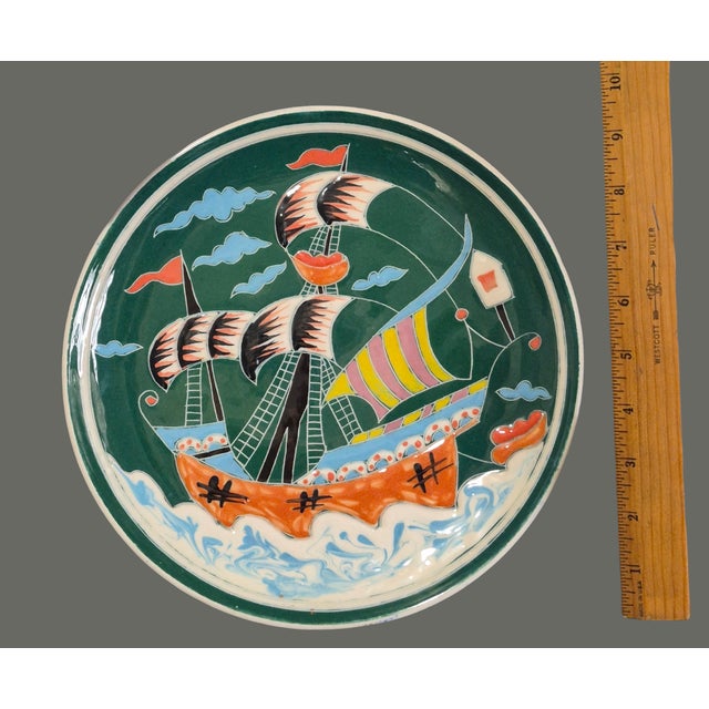 Vintage Turkish Colorful Majolica Sailing Galleon Ship Wall Plate Marked "Beste" For Sale - Image 6 of 8