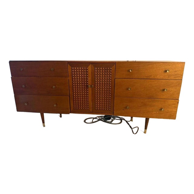 Vintage Mid-Century Modern Walnut Dresser / Credenza With Carved Geometric Doors For Sale