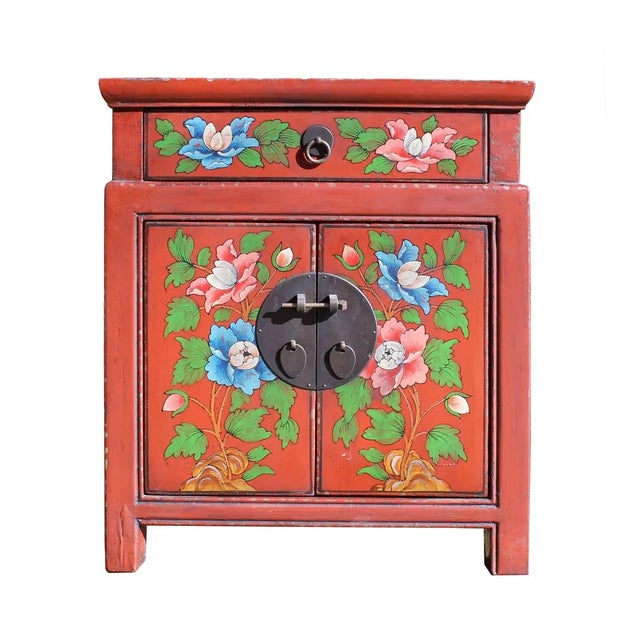 Wood Chinese Oriental Distressed Orange Red Flower End Table Nightstand For Sale - Image 7 of 7