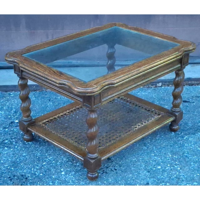 Brown Mid-Century Barley Twist Oak and Cane Tiered Glass Top Side Table For Sale - Image 8 of 12