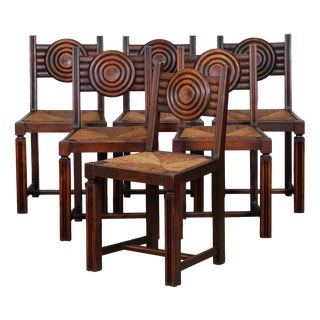 French Straw-Seated Chairs in Wood, 1940, Set of 6 For Sale