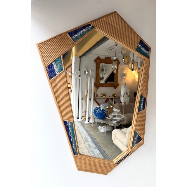 Mid-Century Modern Contemporary Asymmetrical Mirror Rattan Marquetry and Enamel Metal. Italy For Sale - Image 3 of 12