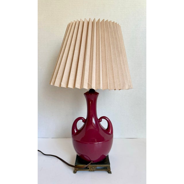 Metal Vintage Burgundy Glazed Ceramic Amphora Double Handle Table Lamp With Pleated Shade For Sale - Image 7 of 12