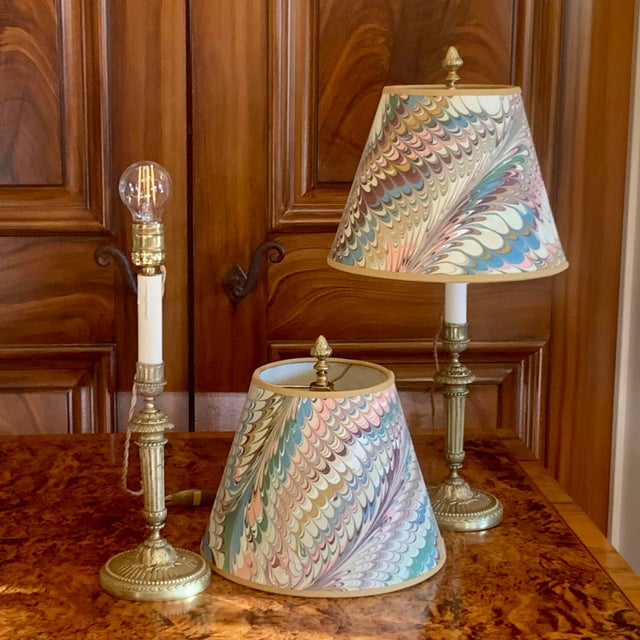 Pair of Louis XVI Period Candlestick Lamps With Marbleized Shades For Sale - Image 9 of 15