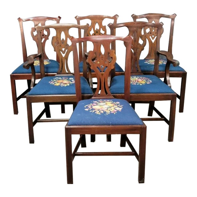 Henkel Harris Mahogany Dining Room Chairs Model 101 Needlepoint Fabric