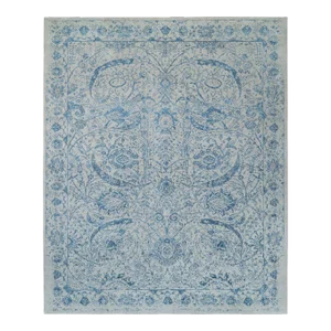 Hand Loomed Gray Fine Jacquard With Sickle Leaf Design Wool and Plant Based Silk Oriental Oversized Rug