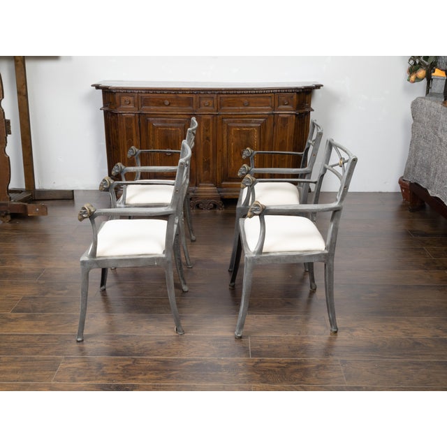 Mid 20th Century Set of Four Midcentury Italian Metal Armchairs with Brass Rams' Heads For Sale - Image 5 of 9