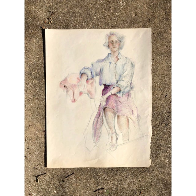 Vintage pencil drawing of a woman in a blue button down shirt and purple skirt by artist Virginia Elliott. In shades of...