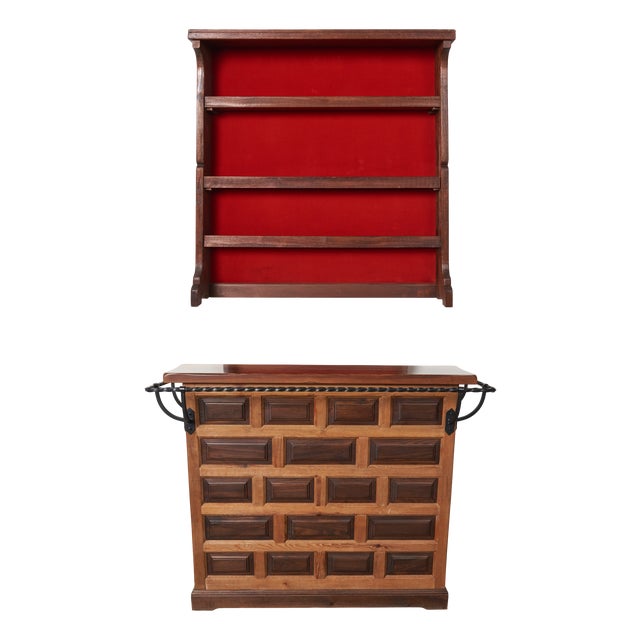 Mid-Century Modern Brutalist Spanish Bar and Wall Cabinet, 1970s, Set of 2 For Sale