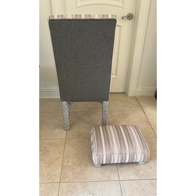 Modern 1980s Custom Multi-Pattern Upholstered Accent Chair & Small Footstool Set For Sale - Image 3 of 9