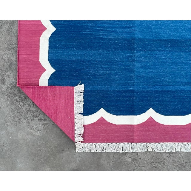 Casa Cosima Not Yet Made - Made To Order Handmade Cotton Vegetable Dyed Scalloped Rug Indigo Blue With Raspberry Pink Border - 9'x12' For Sale - Image 4 of 11