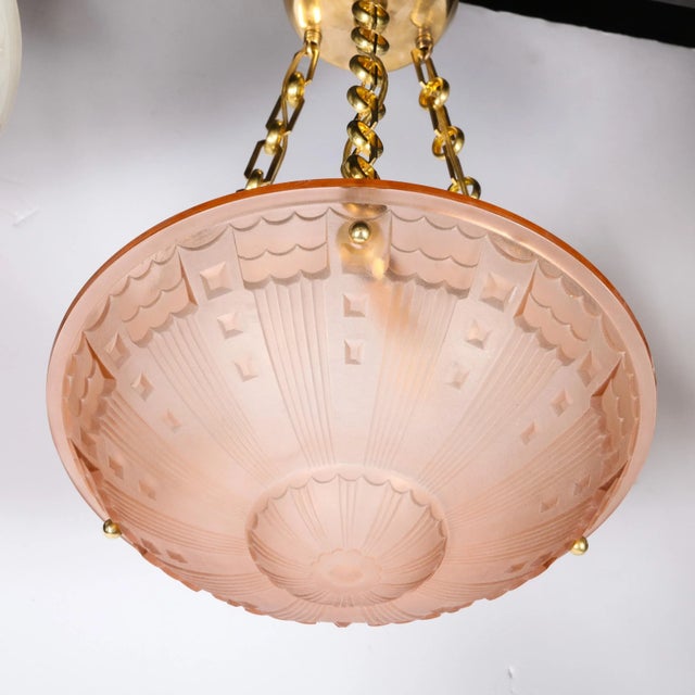 Art Deco Art Deco Cubist Style Pendant Chandelier in Frosted Rose With Brass Fittings For Sale - Image 3 of 12