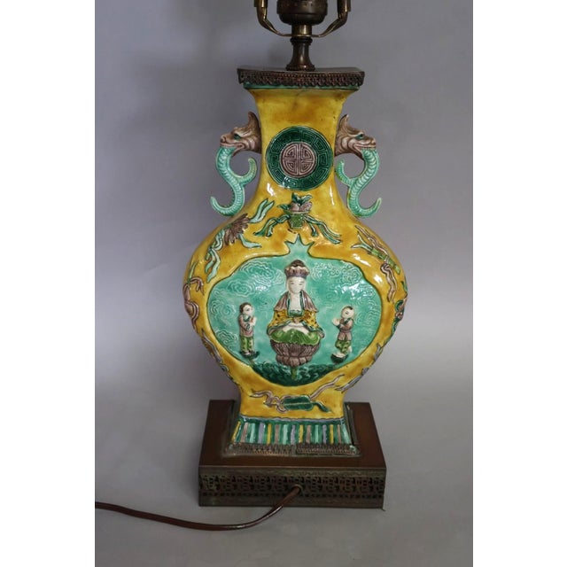 1900 - 1909 Vintage Chinese Famille Jaune Porcelain Guanyin Table Lamp With Dragon Handles, C. 1900 For Sale - Image 5 of 16