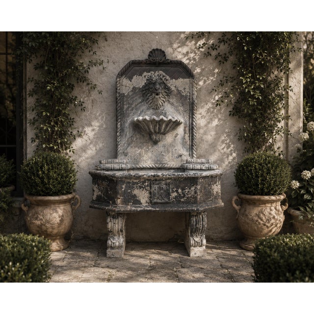 Contemporary Aged Cast Stone Lions Head Wall Spitting Garden Fountain For Sale - Image 3 of 14