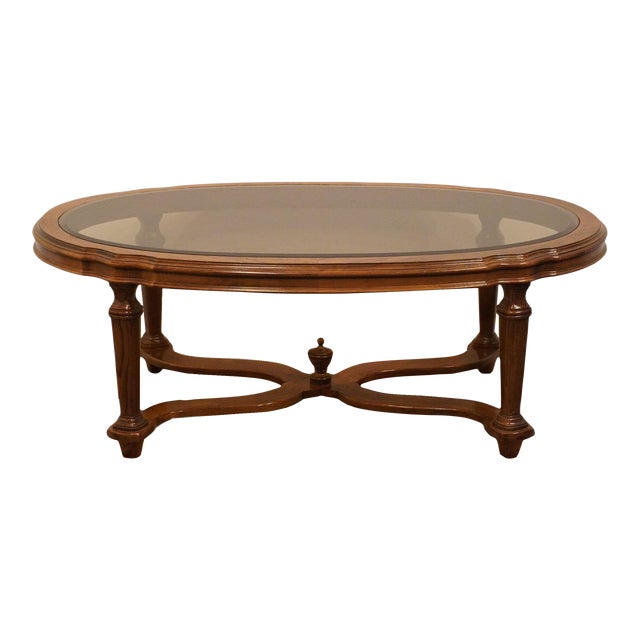 Ethan Allen Collector's Classics Solid Pecan 47" Oval Accent Coffee Table W. Glass Top 13-8511 For Sale