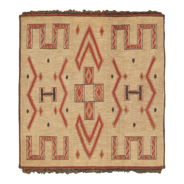 Vintage Square Tuareg Mat in Red and Beige Tribal Geometric Patterns For Sale