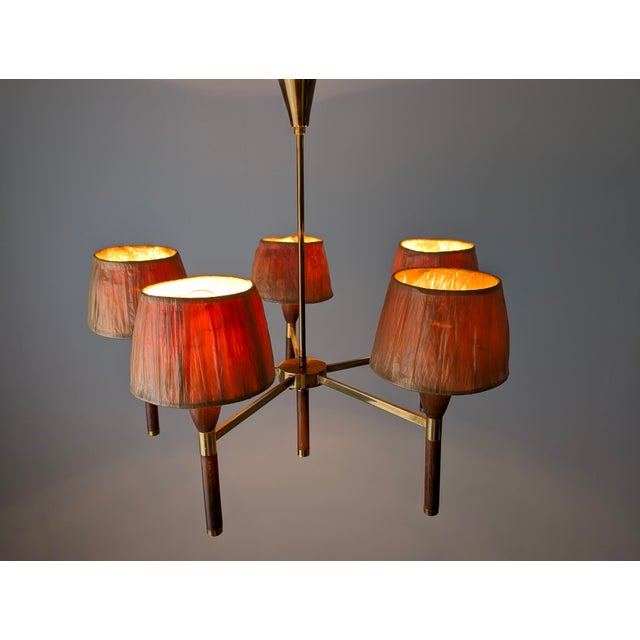 Mid-Century Modern Danish 5-Arm Chandelier in Wood and Brass, 1950s For Sale - Image 3 of 18