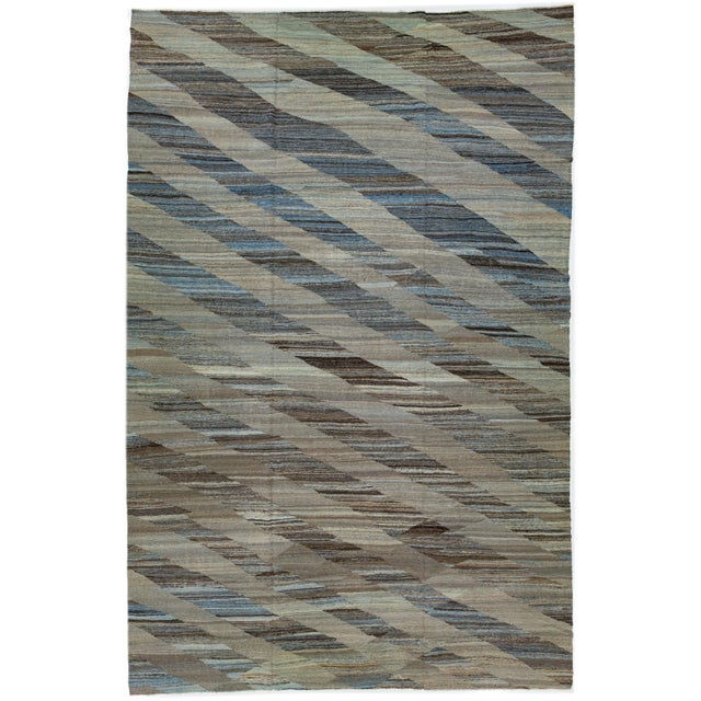 Textile 2020s Modern Flatweave Kilim Turkish Wool Rug With Abstract Motif in Brown & Blue For Sale - Image 7 of 7