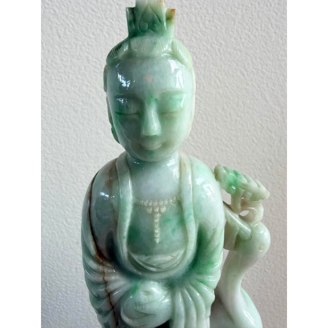 Pair 10" Antique Chinese Qing Natural Jadeite Jade Kuan Yin With Cranes & Stands For Sale - Image 4 of 12