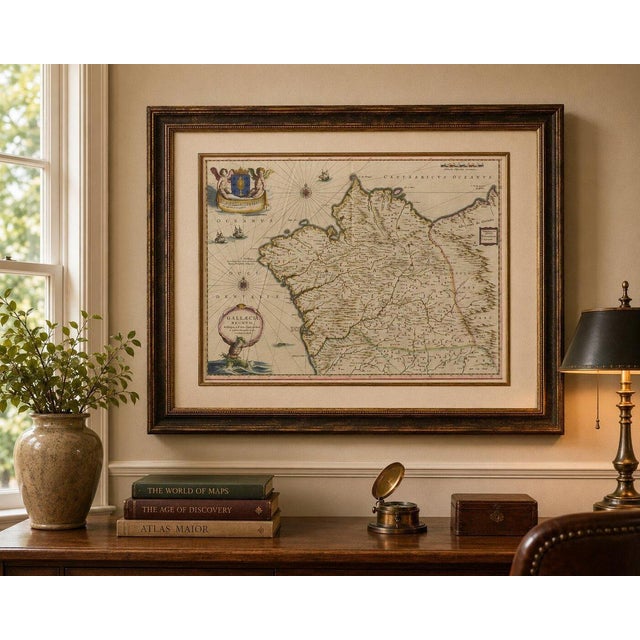 Blaeu Map of Galicia Spain & Santiago de Compostela, circa 1642 Fine original hand-colored copperplate engraved map of...